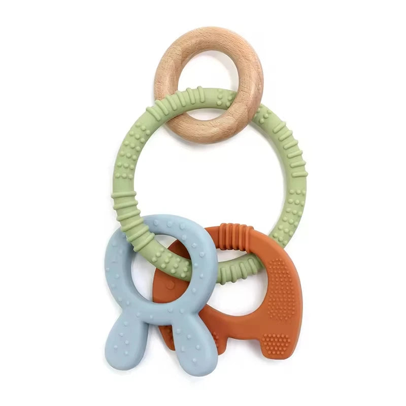 Baby Teething Toys Silicone Wooden Ring Teether BPA Free Cute Elephant Babies Chew Toy for Boys and Girls Newborn Gifts