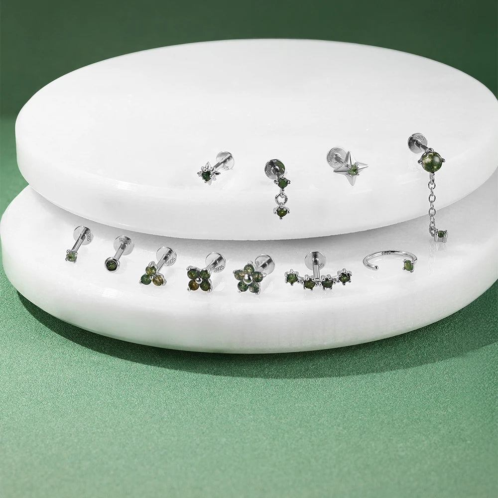 AIDE Water Grass Agate 925 Sterling Silver Flat Head Thread Piercing Earring Green Moss Piercing Ear Bone Earring Jewelry 1pc
