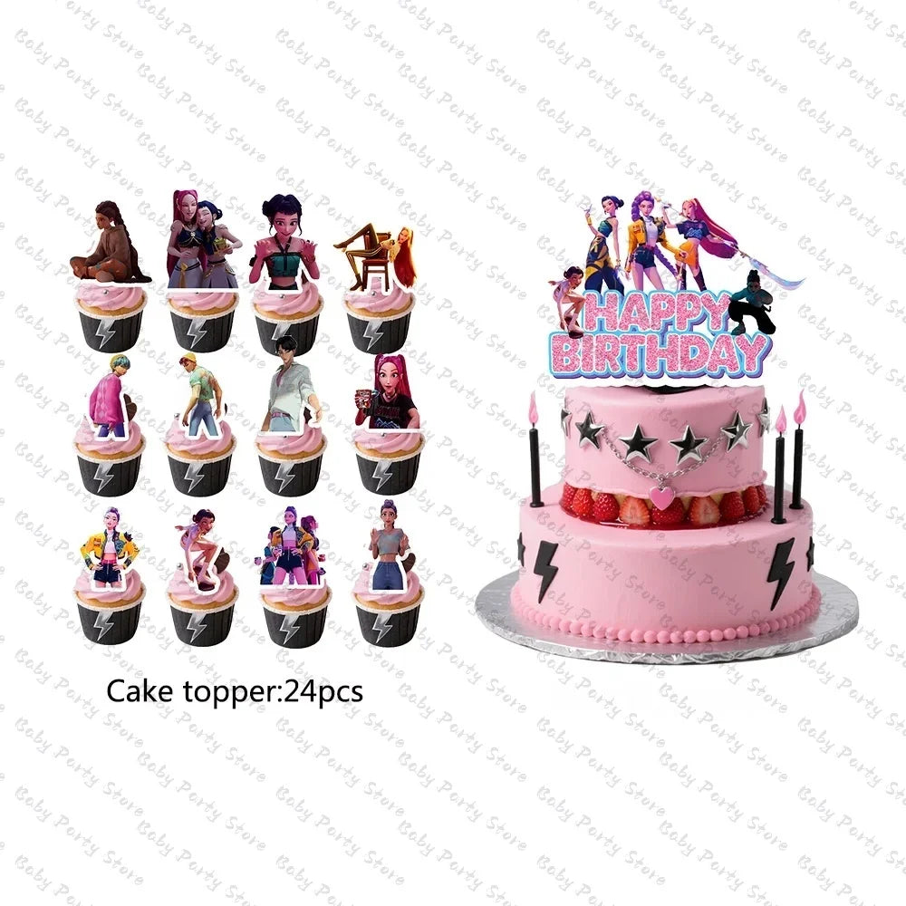 Demon Hunters Paper Cupcakes Topper Decor Birthday Cake Topper Set K-pop Anime Movie Demon Hunters Girls Party Cake Decora