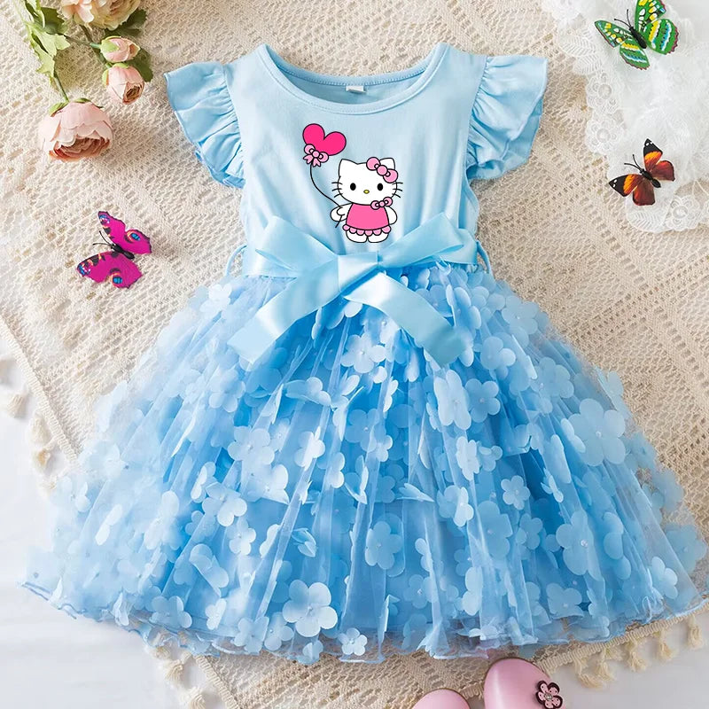 Hello Kitty Girls Summer Dress Cartoon Bow Tutu Dress 3D Butterfly Cute Cotton Party Casual Dress for Baby 2-6 Years