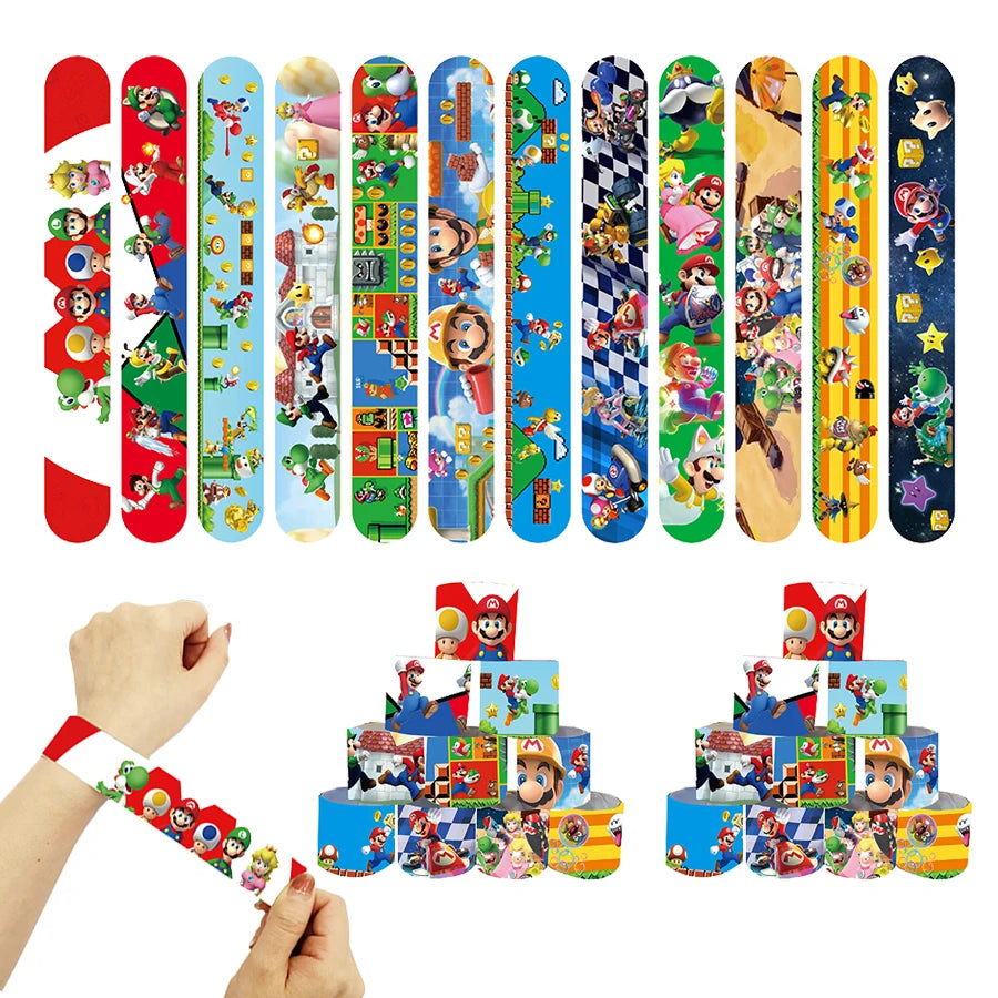 Super Marios Bro Kids Birthday Party Favor Supplies Reusable Masks Slap Bracelets Paper Bags Keychains Gift Bag Ring Decorations