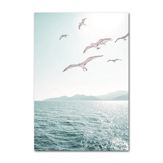 Beach Sea Ocean Canvas Wall Art Poster Bridge Leaves Turtle Seagull Print Painting Vibrant Summer Picture Nordic Home Decoration