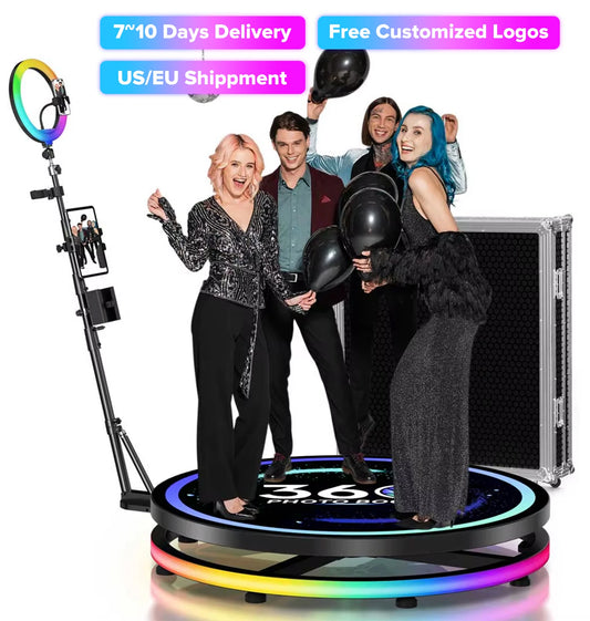 360 Photo Booth Automatic Rotating Photo Booth Machine Ring Light for Party Wedding Rental with RGB Light & Flight Case