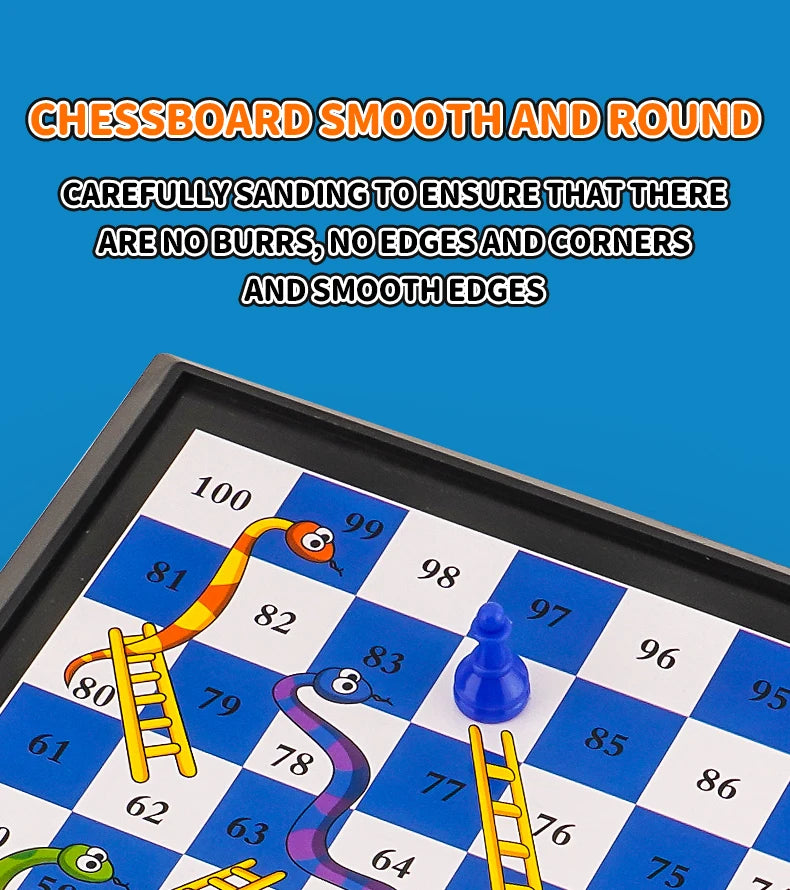 International Snakes and Ladders Parent-Child Board Game Toy - Magnetic-Free Foldable Board with Storage for Game Pieces
