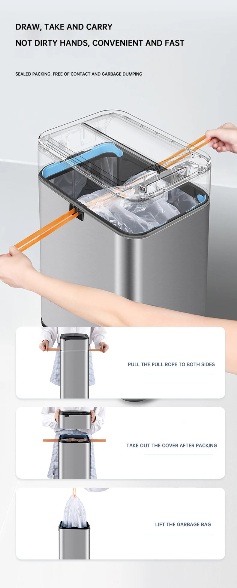 Smart Trash Can 15L 20L 30L 40L 50L 60L Stainless Steel Waste bin High Trash Cans Garbage Bin for Kitchen Trash Can Wastebasket