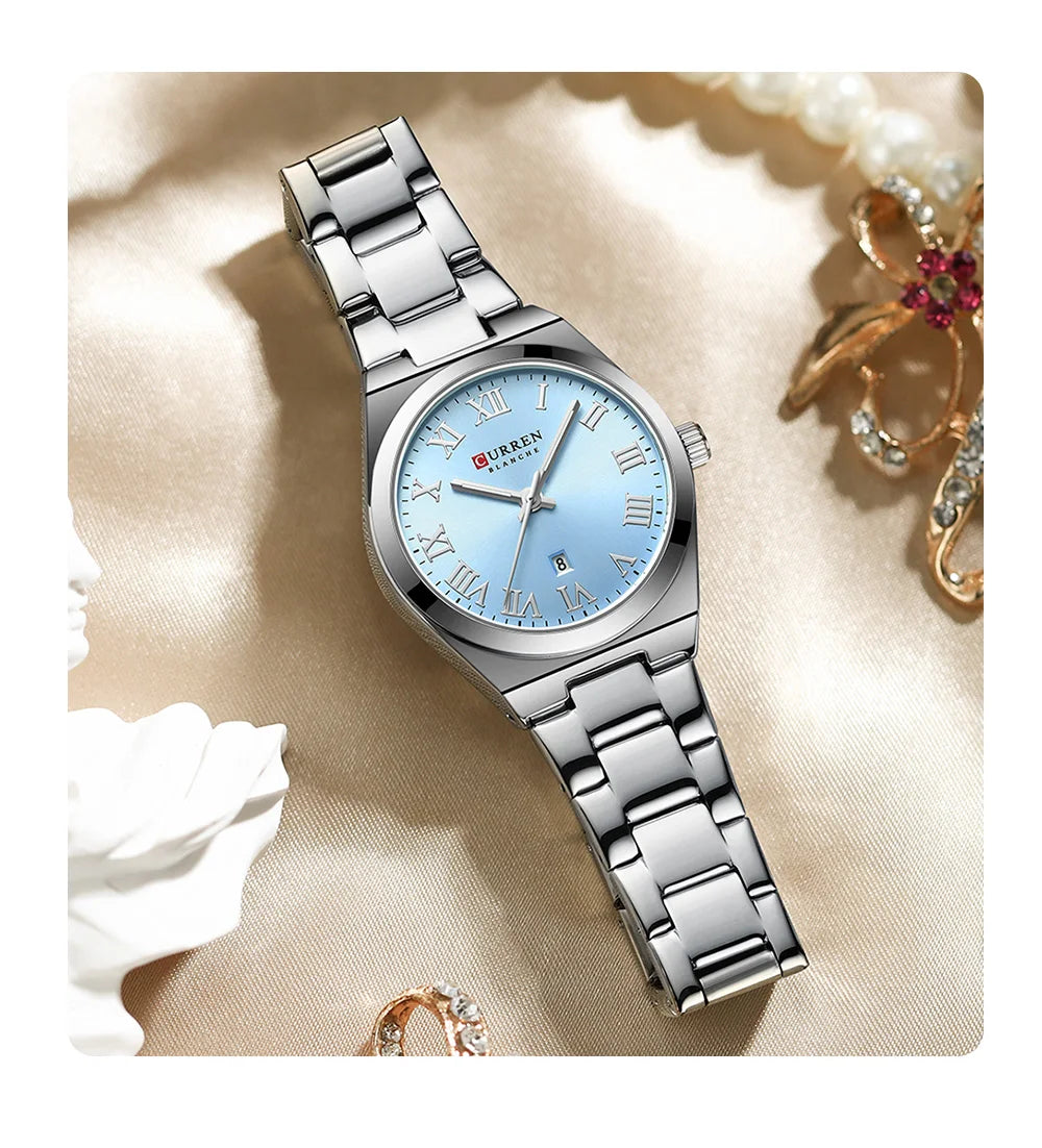 CURREN Fashionable Quartz Watches for Women Roman Numerals Simple Elegant Stainless Steel Braclete Ladies Wristwatch