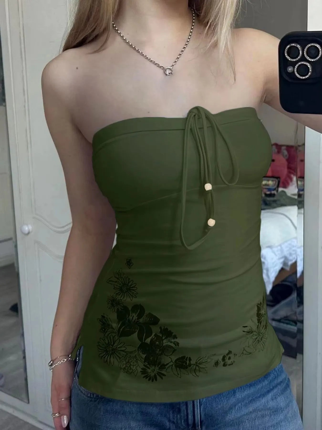 Summer vacation style women's strapless camisole top with bow tie and lace up print, fashionable strapless vest