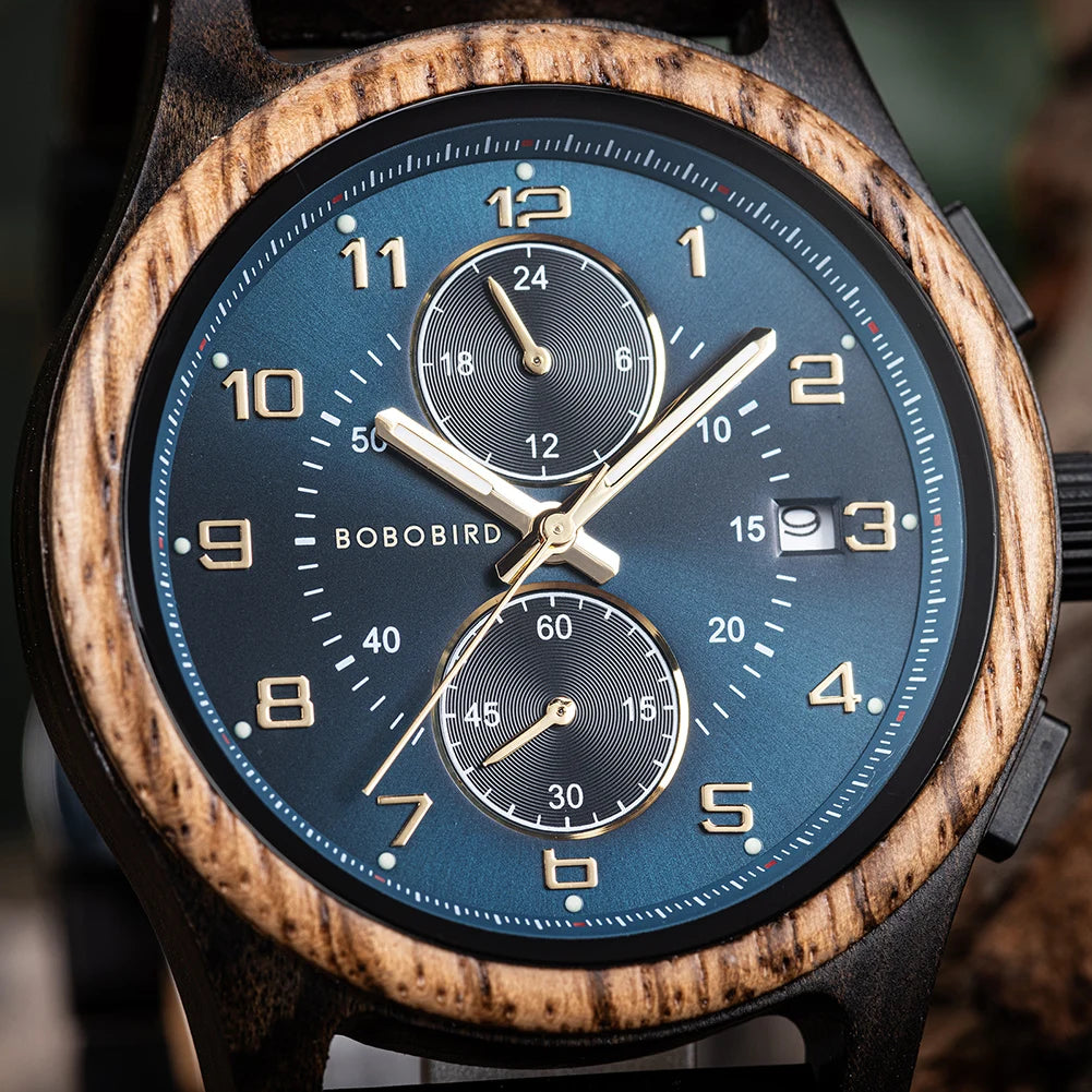 Wooden Watch for Men BOBO BIRD Chronograph Wristwatch with Luminous Hands Wood Watches Anniversary Gift for Him
