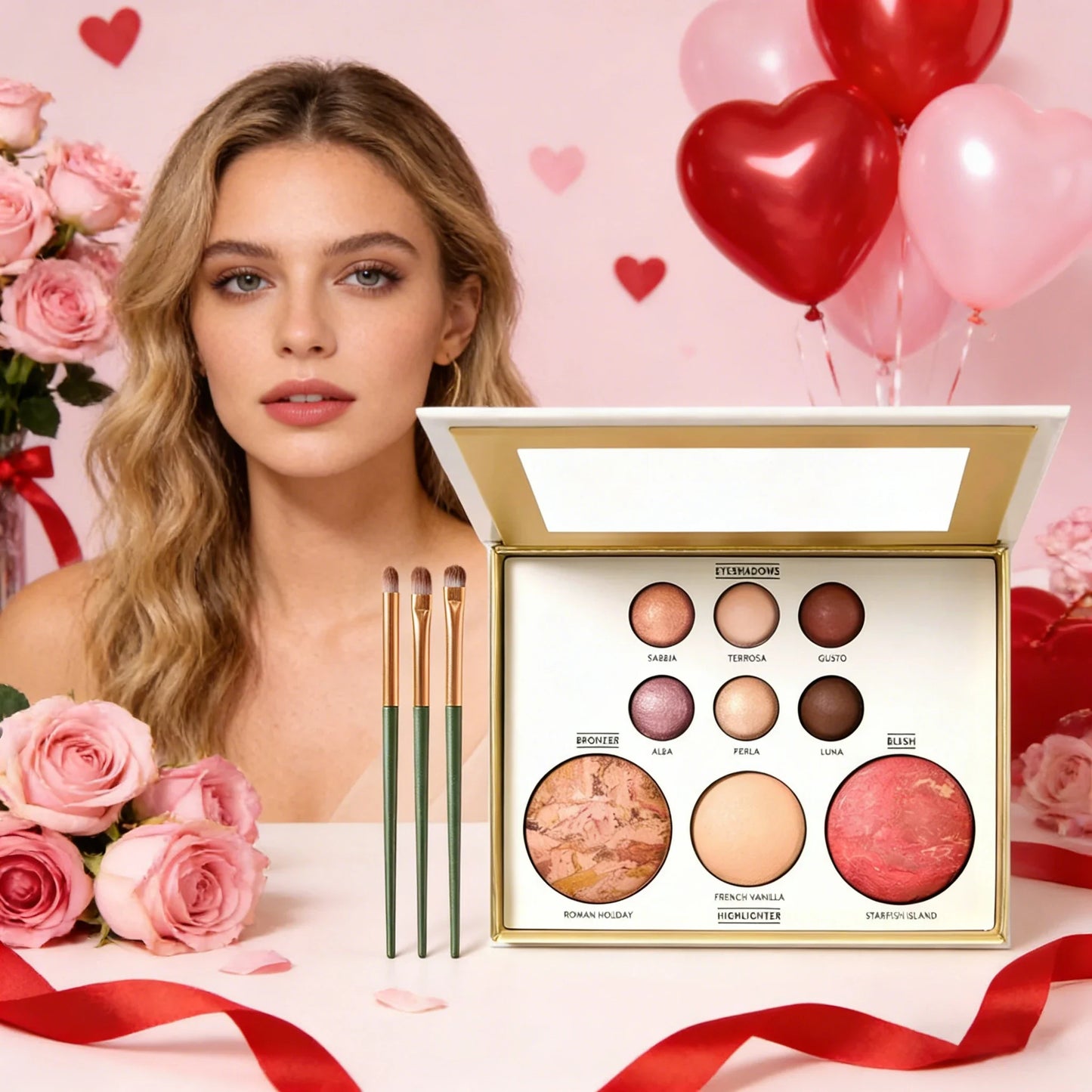 Multicolor Baked Powder Makeup Set Waterproof Brightening Setting Concealing Smudge Proof with 3 Pcs Brushes Valentine's Day Gif