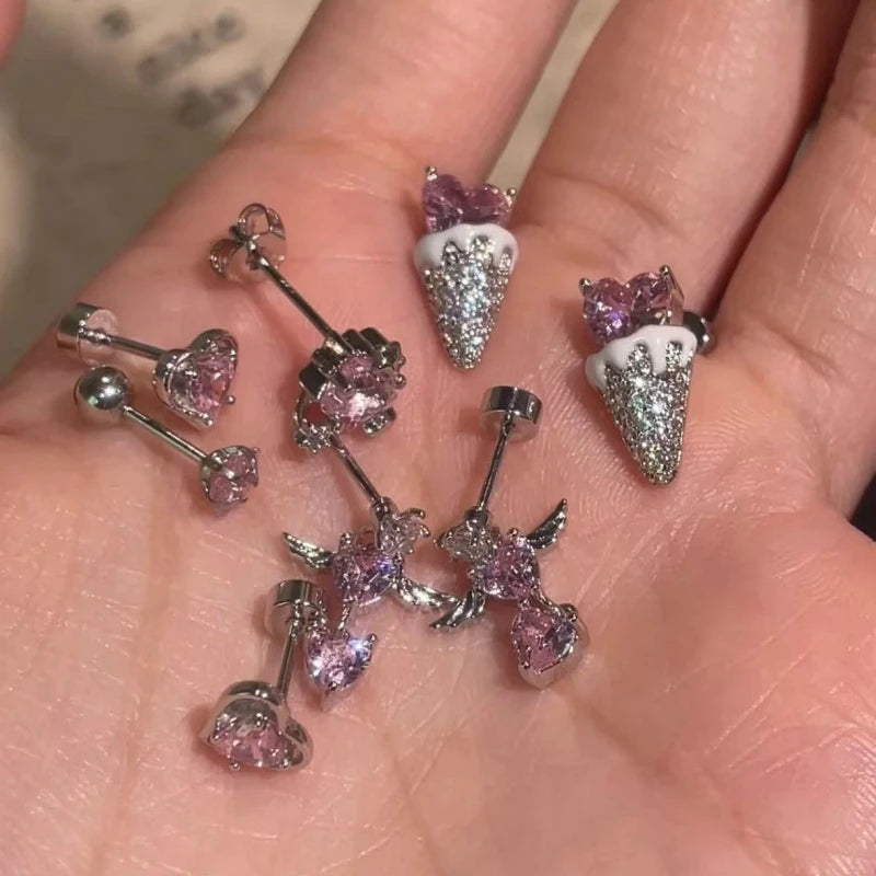 1 PCS Korean Style Cute Pink Zircon Crystal Ear Bone Nail 316L Stainless Steel Kpop Earrings for Women Cartilage Jewelry Gift