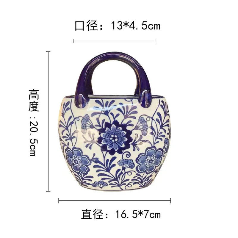 Blue and White Porcelain Desktop Handbag Vase, Ceramic Vase, Aesthetic Decoration, Flowerpot, Room Decoration Accessories.