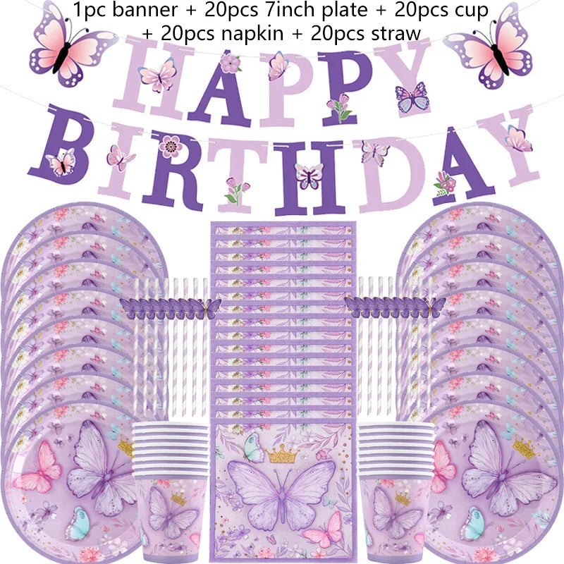 Purple Butterfly Party Decoration Disposable Paper Plates Napkins Cups Straw Tableware Set for Butterfly Birthday Party