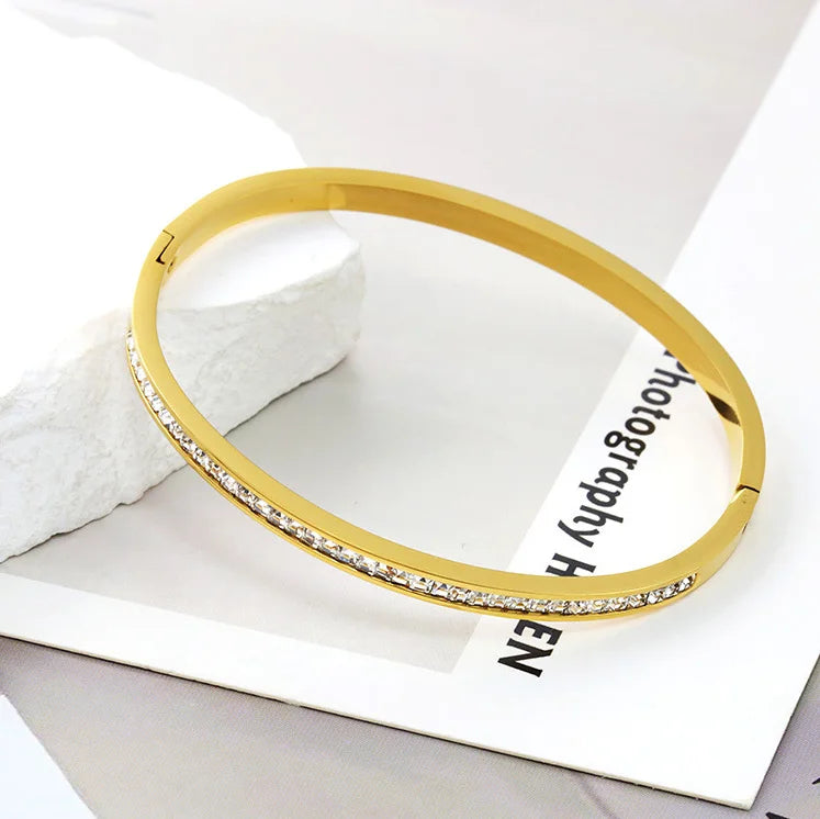 Classic Bracelet Design Gold Color Waterproof Stainless Steel Luxury Brand Sparkling Zircon Bangles for Women Gift Jewelry