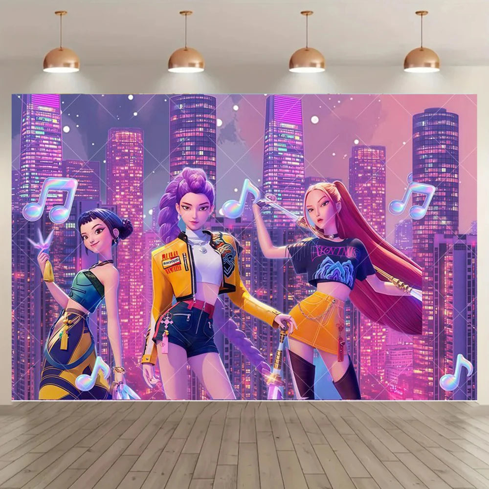 Adult Children's Birthday Party Decorations Background Hot KPop Girl Demon Hunters Backdrop Baby Shower Banner Photo Booth Props