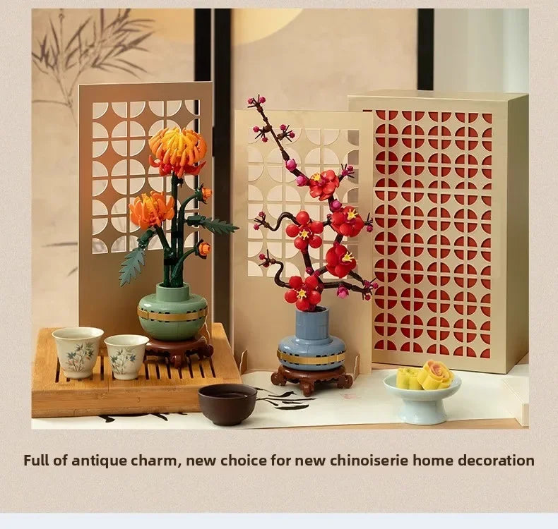 Creative Plum Blossom 10343 10369  Lucky Flower Building Blocks Orchid Chrysanthemum Bricks Toy Gift For Kids Adult 10344 10368