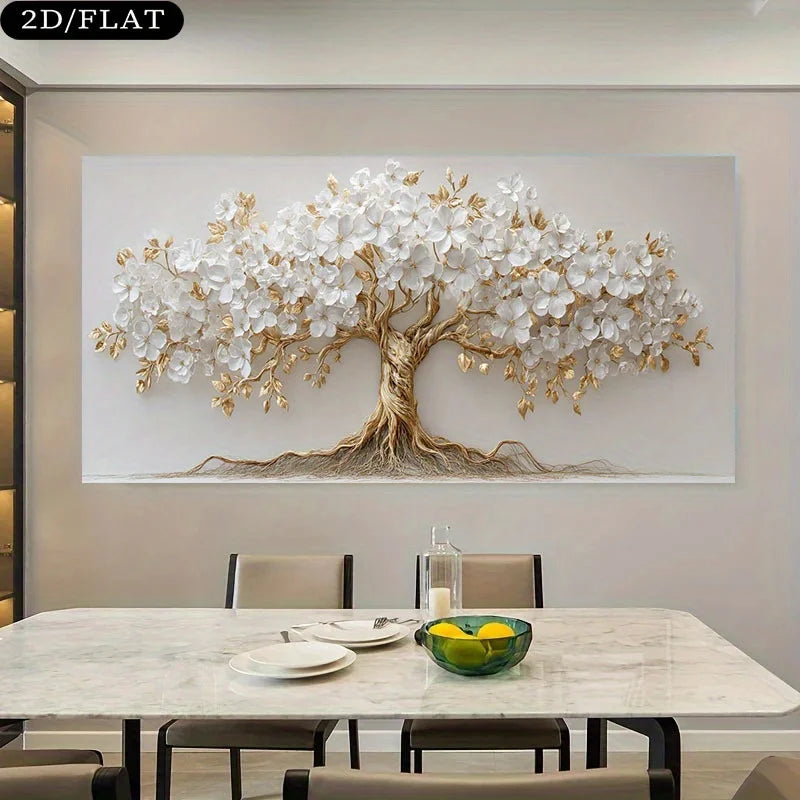 Large White Flower Nordic Tree Life Canvas Print  Beige Golden Branch Plant Wall Art Poster for Modern Living Room Home Decor