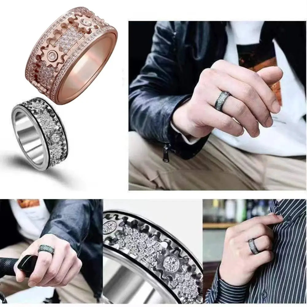 Handmade Diamond Ornate Geometric 3D Band Ring Gear Spinner Rings Rotating Mechanical Decompression Anxiety Ring for Women Men