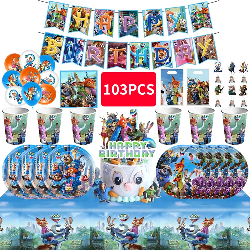Disney Zootopia Birthday Party Decorations Supplies Judy Nick Tableware Tablecloth Balloon Zootropolis‌ Happy Birthday Plate Kit