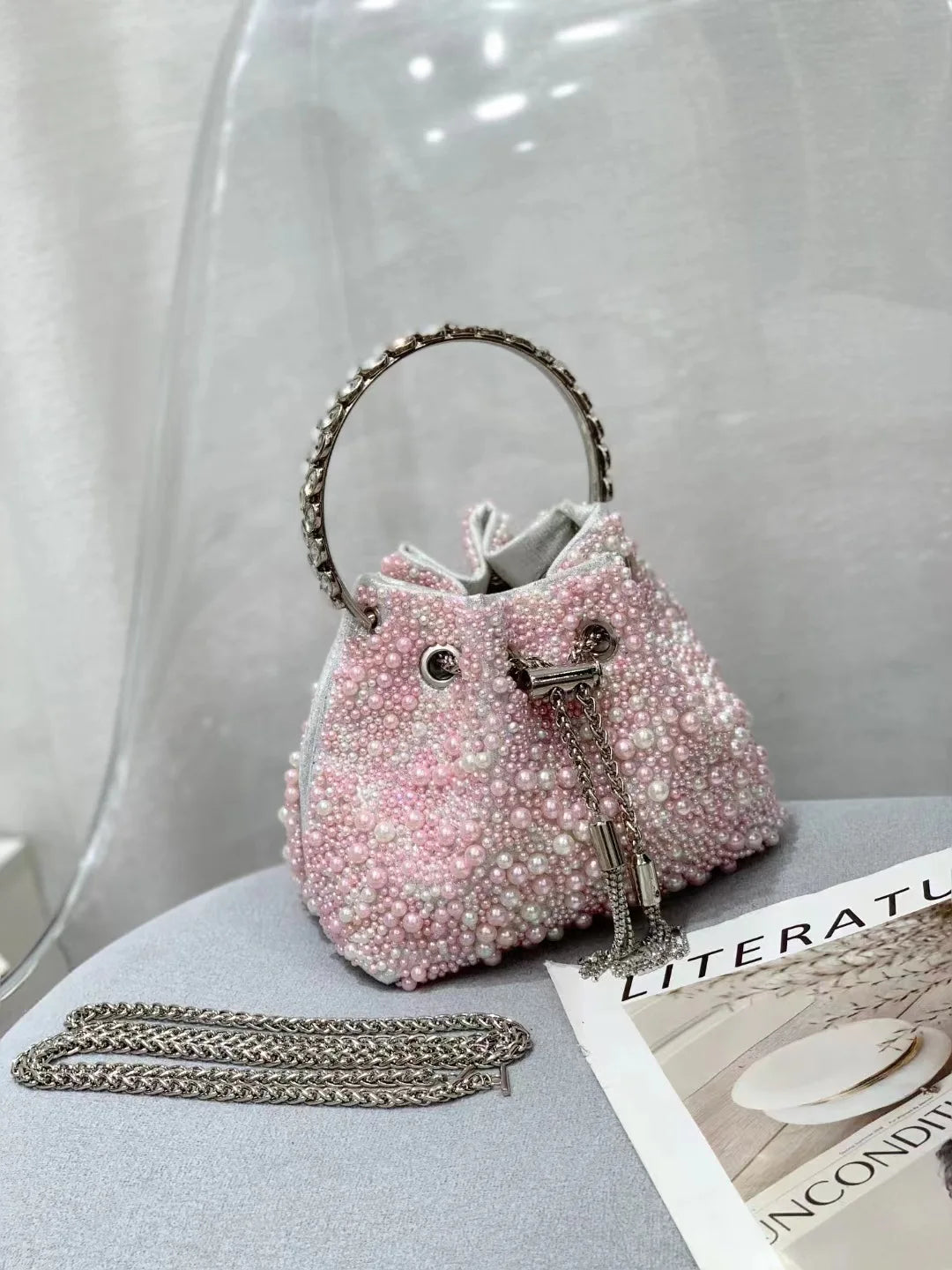 Luxury Designer Colorful Stones Evening Clutch Bag Wedding Party Bucket Purse Metal Handle Women Handbag Shoulder Messenger Bag