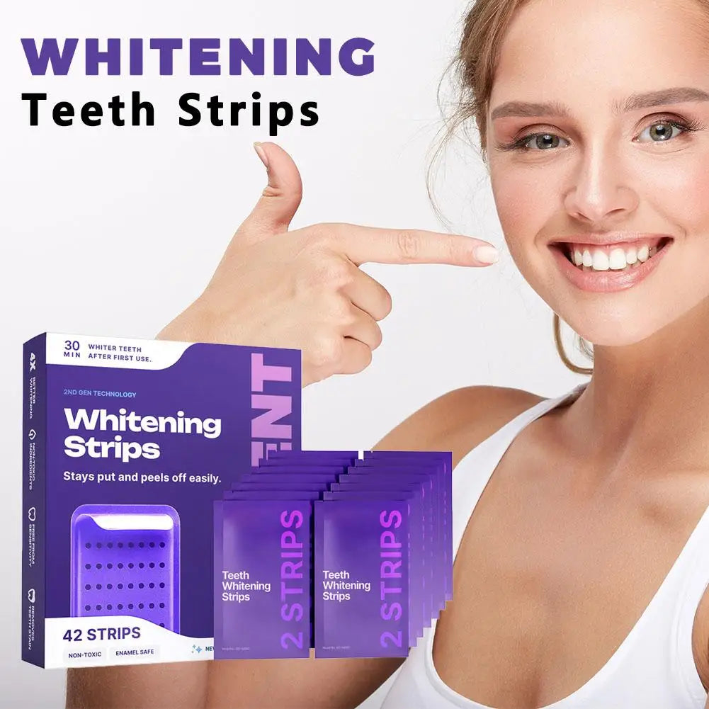 Purple Gel Teeth Brightening Strips Clean Surface Stains Freshen Breath Peroxide Free for Sensitive Teeth 42 Pack Easy Use