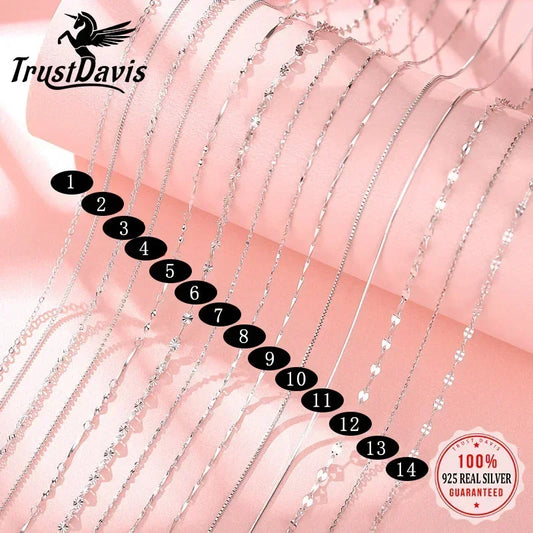 TrustDavis Real 925 Sterling Silver Necklace Water-wave Snake Beads Box Chain 40/45cm Necklace For Woman Necklace Jewelry DC25