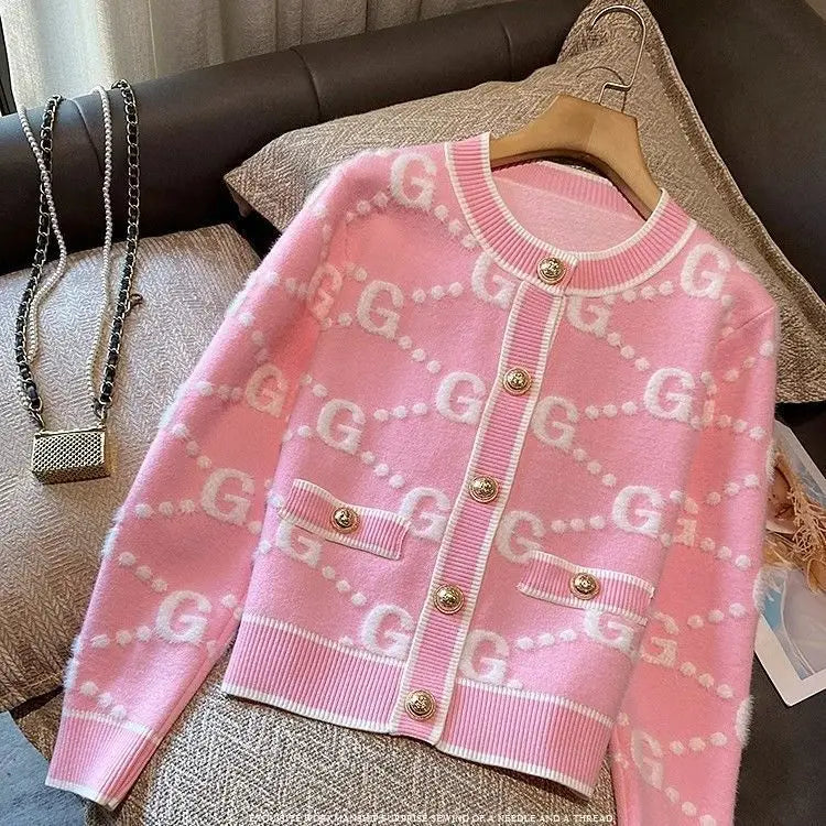 Luxury Pink Knitted Cardigan Women Sweater Autumn Winter Coat Letter Long Sleeve Short Tops Design Trend Women's Clothing New