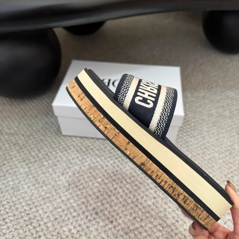Women's Thick Bottom Slip-On Summer Shoes Embroidered Letter Casual Sandals High Heel Increase Depth Rubber Sole Shoes