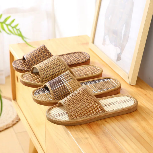 Bamboo & Rattan Summer Slippers for Women/Men - Breathable Couple Sandals, Soft Sole Anti-Slip Indoor Slides for Home/Beach