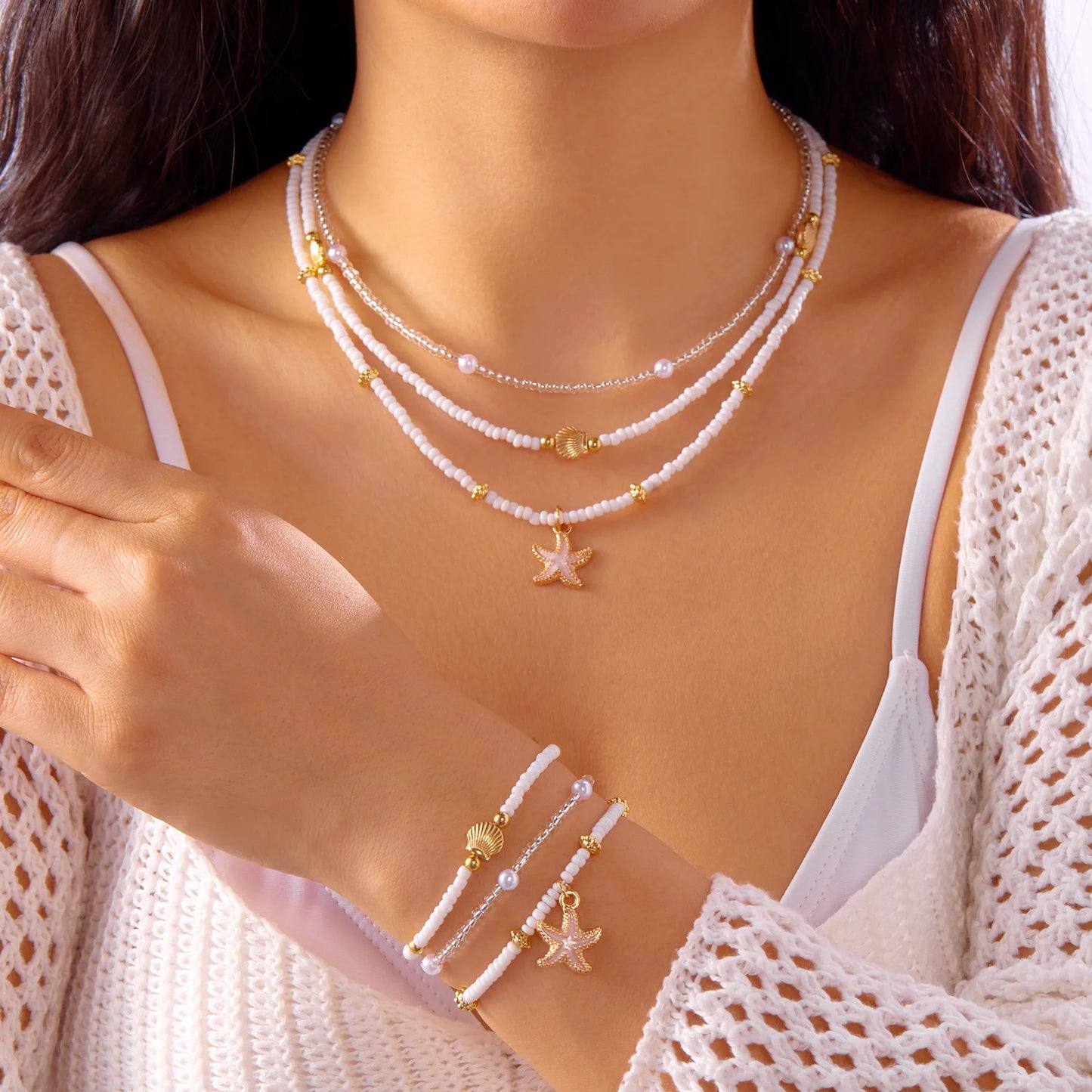 Vintage Women's Multi-layer Stacked Handmade Seed Bead Choker Trendy Starfish Shell Pendant Necklace Summer Beach Party Jewelry