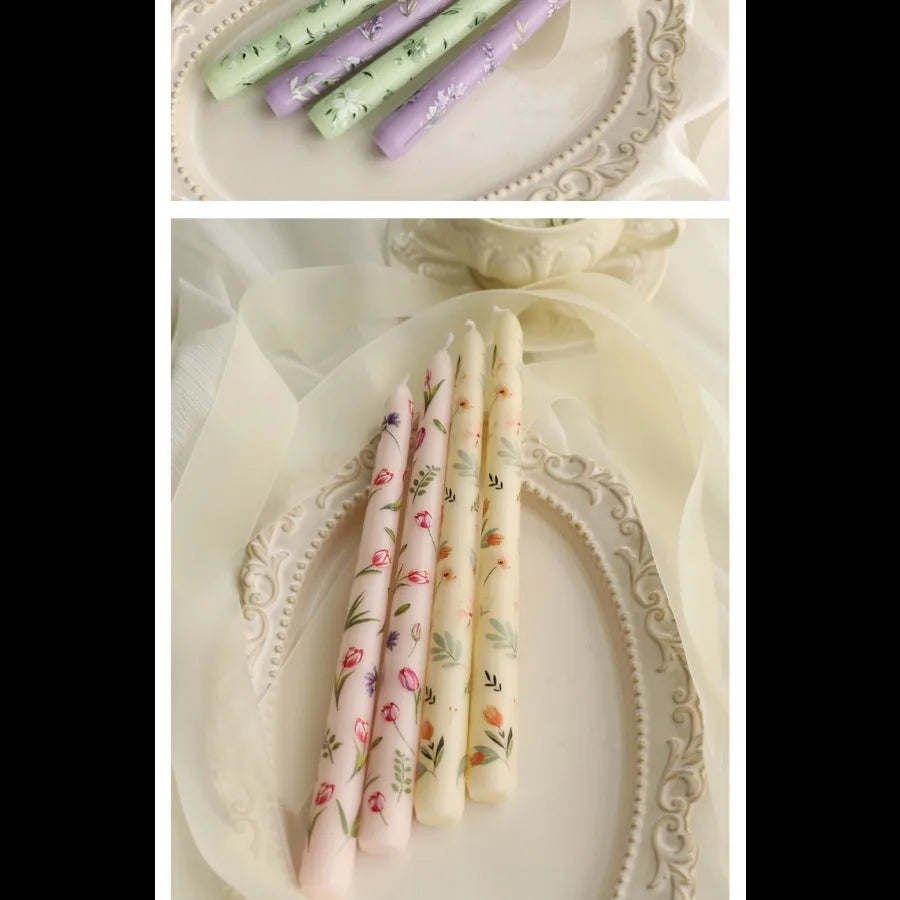 2pcs/Box 9.85in Taper Scented Candles Romantic Hand Painted Rose Long Candle For Home Decoration Candle Wedding Decoration