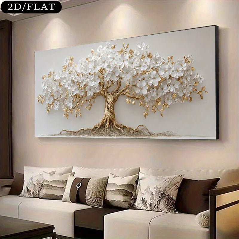 Large White Flower Nordic Tree Life Canvas Print  Beige Golden Branch Plant Wall Art Poster for Modern Living Room Home Decor