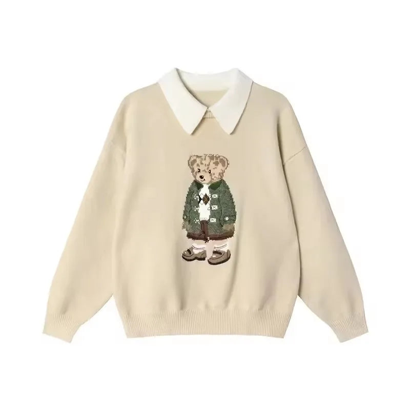 European Style Luxury Brand Loose O-Neck Bear Pullover Tops Knitwear Woman Short Sleeve T-shirt Ladies Wool Knitted Sweater