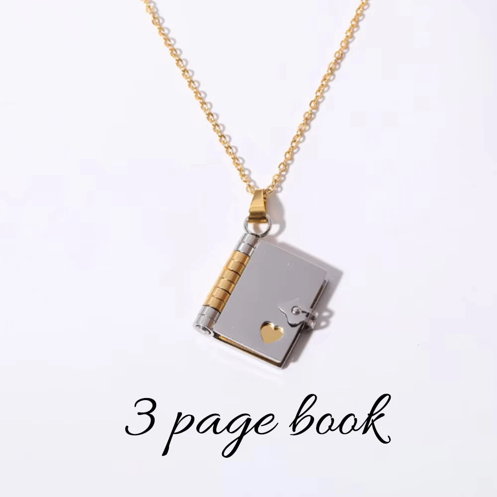 Akizoom Personalized Engrave Name Couple Book Necklace Stainless Steel Custom Book Locket Pendant for Women Family Jewelry Gift