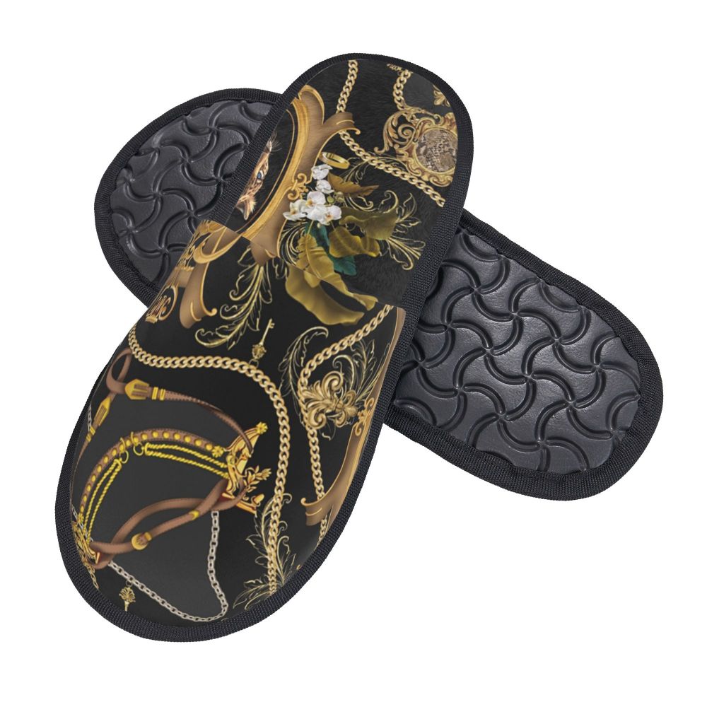 Custom Vintage Baroque Prints Greek Ornament Golden Meander Meandros Soft Scuff Memory Foam Slippers Women Hotel House Shoes
