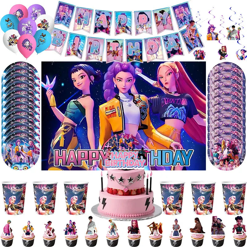 New Anime Kpop Demon Hunters Birthday Party Decorations Set Kpop Theme Cup Plate Gift Bags Balloons Banner Supplies Girls Favors