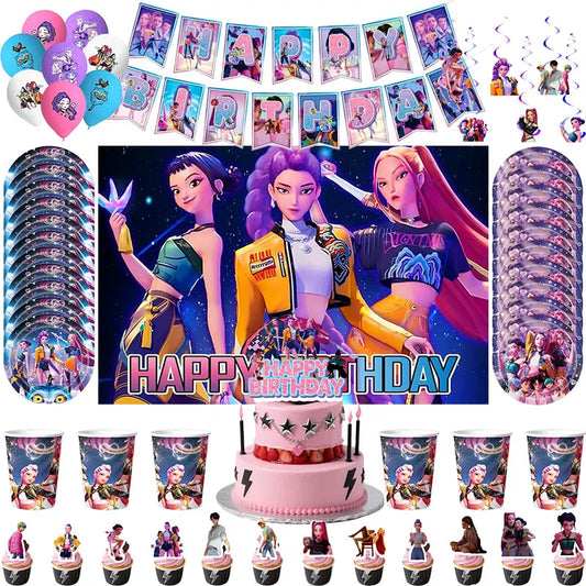 New Anime Kpop Demon Hunters Birthday Party Decorations Set Kpop Theme Cup Plate Gift Bags Balloons Banner Supplies Girls Favors