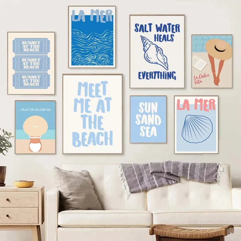 Seashells Meet Me At The Beach Poster Summer Sea Bikini Coastal Quotes Canvas Painting Trendy Wall Art Room Home Decor
