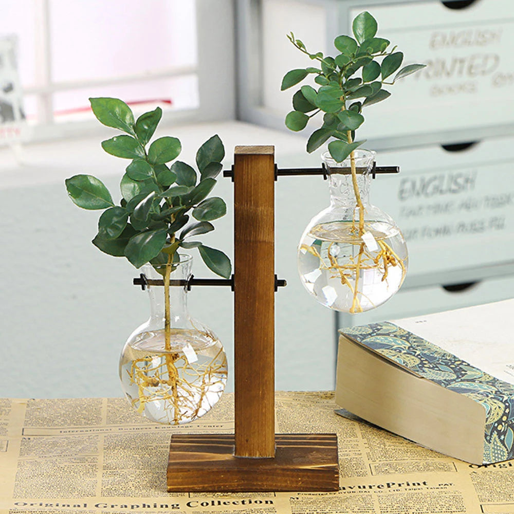 Planter Vases Flower Pot Hydroponic Plant Glass Decor Terrarium Wooden Stand Hydroponic Propagation Station Indoor Desktop Decor