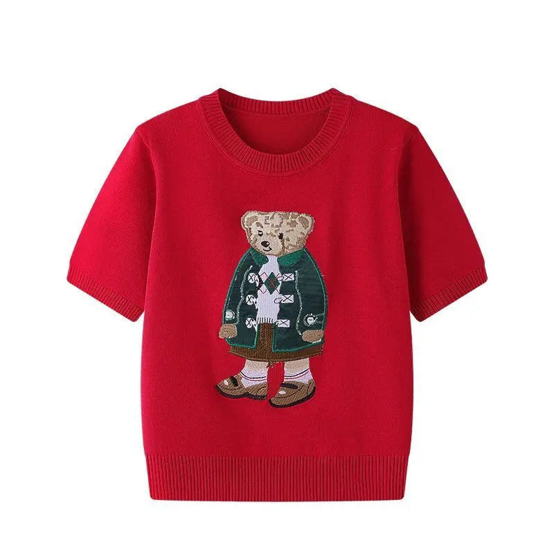 European Style Luxury Brand Loose O-Neck Bear Pullover Tops Knitwear Woman Short Sleeve T-shirt Ladies Wool Knitted Sweater