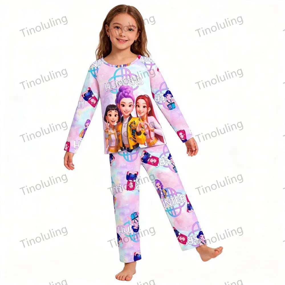 KPop Demon Hunters Huntrix Kids Pajamas Set Long Sleeve Girls Clothing 2pcs Children's Sleepwear Cartoon Boys Nightwear 3-14Y