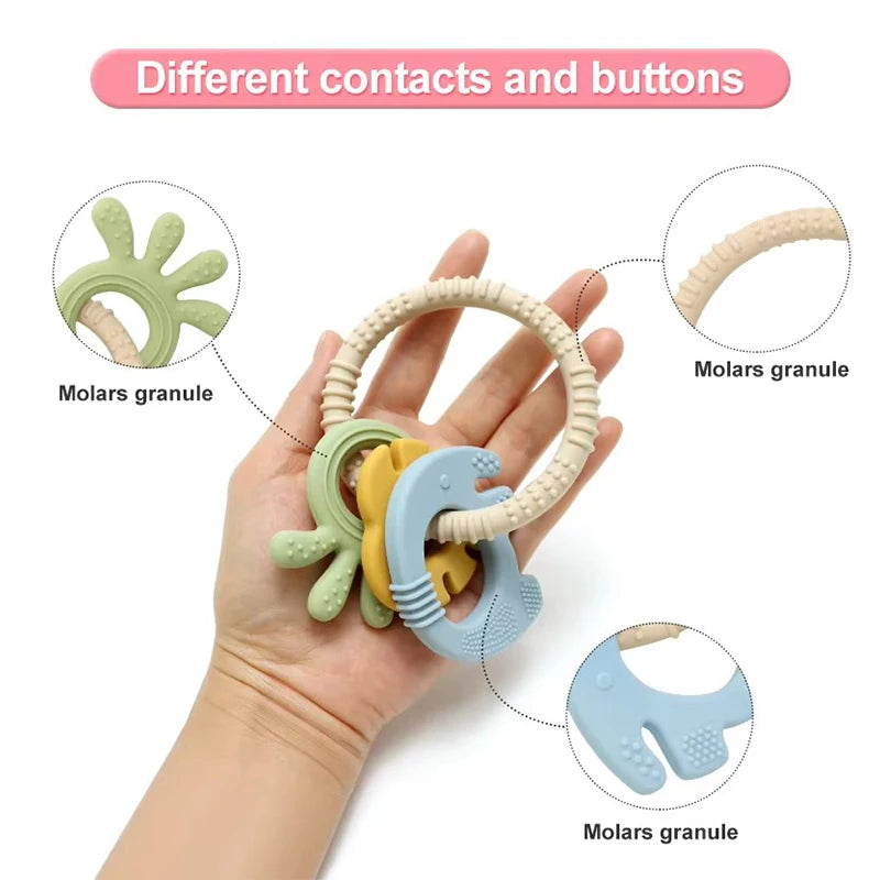 Baby Teething Toys Silicone Wooden Ring Teether BPA Free Cute Elephant Babies Chew Toy for Boys and Girls Newborn Gifts