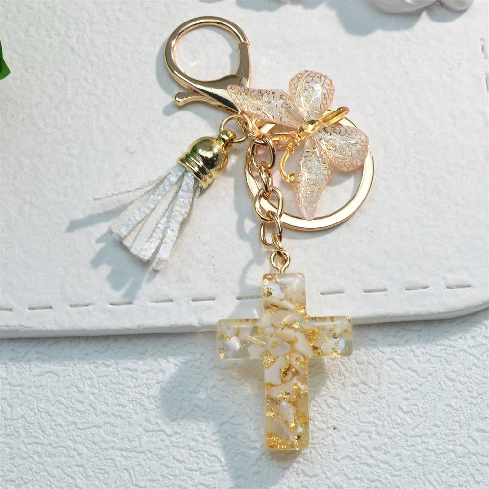 Exquisite Cross Butterfly Keychain Cute Resin Christian Cross Key Ring Purse Bag Pendant Car Key Accessories Women Party Gift