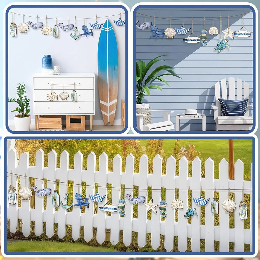 12Pcs Wooden Ocean Themed Decorations Sea Animals Sand Beach Hanging Pendant with Rope for Holiday Party DIY Decor Supplies