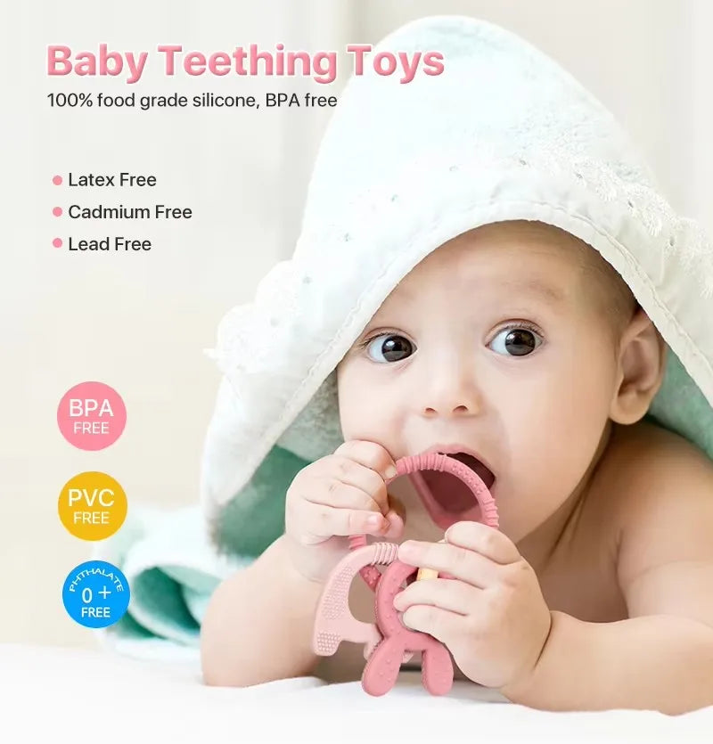 Baby Teething Toys Silicone Wooden Ring Teether BPA Free Cute Elephant Babies Chew Toy for Boys and Girls Newborn Gifts