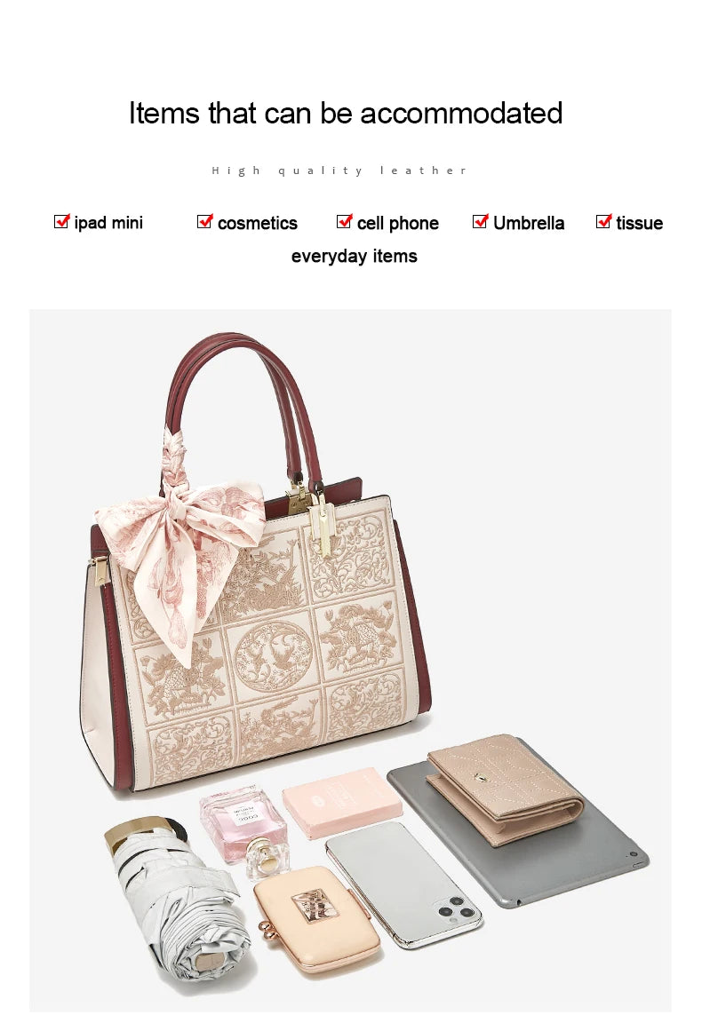 FOXER Split Leather 2026 New Large Tote Handbag Women's Shoulder Bag Chinese Classic Embroidery Best Gift for Mom