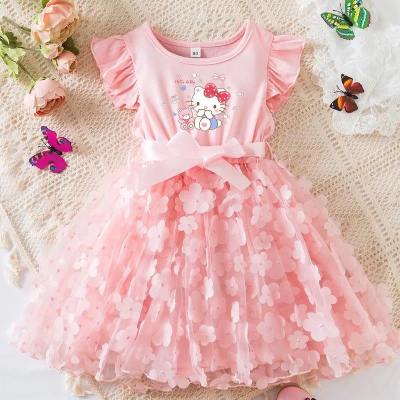 Hello Kitty Girls Summer Dress Cartoon Bow Tutu Dress 3D Butterfly Cute Cotton Party Casual Dress for Baby 2-6 Years