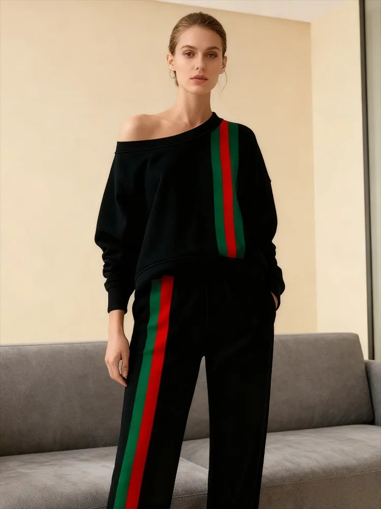 Onecozyday 2025 Autumn Stylish Cold-Shoulder Pullover for Women Contrast Color Striped Long Sleeves Loose Fit Shirt Top