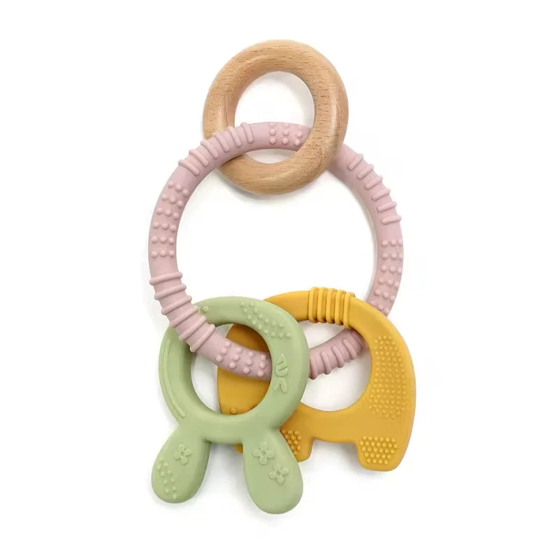 Baby Teething Toys Silicone Wooden Ring Teether BPA Free Cute Elephant Babies Chew Toy for Boys and Girls Newborn Gifts