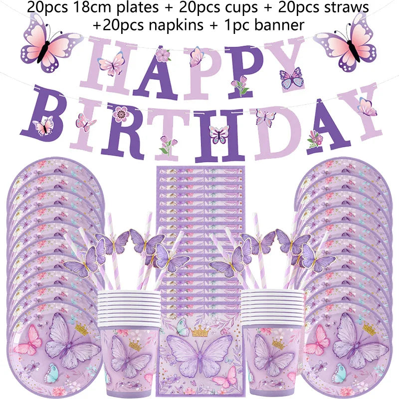 Purple Butterfly Party Decoration Disposable Paper Plates Napkins Cups Straw Tableware Set for Butterfly Birthday Party