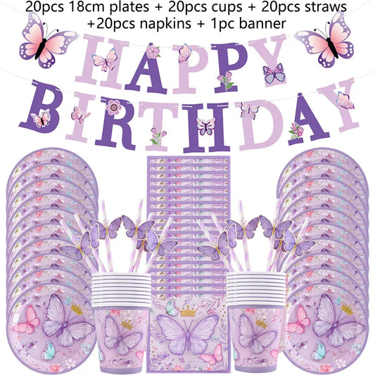 Purple Butterfly Party Decoration Disposable Paper Plates Napkins Cups Straw Tableware Set for Butterfly Birthday Party